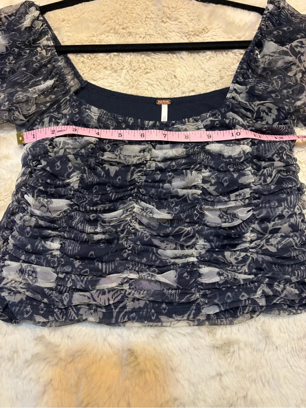 Free People Lilia Crop Top Navy Floral Ruched Mesh Balloon Sleeve L